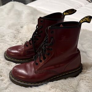 Dr. Martens Burgundy Leather 8-Eye Lace-Up Boots with Yellow Stitching